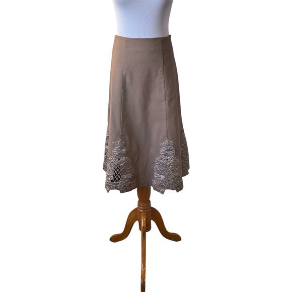 Spiral Brown Embroidered A-Line Cotton Blend Midi Skirt- Size Large - Picture 1 of 9